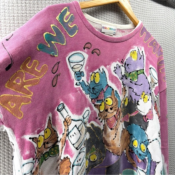 Vtg Kolorway Hand Painted Cat Sweater Pullover Size 1 Cocktail Bartender Kitty - Picture 3 of 8
